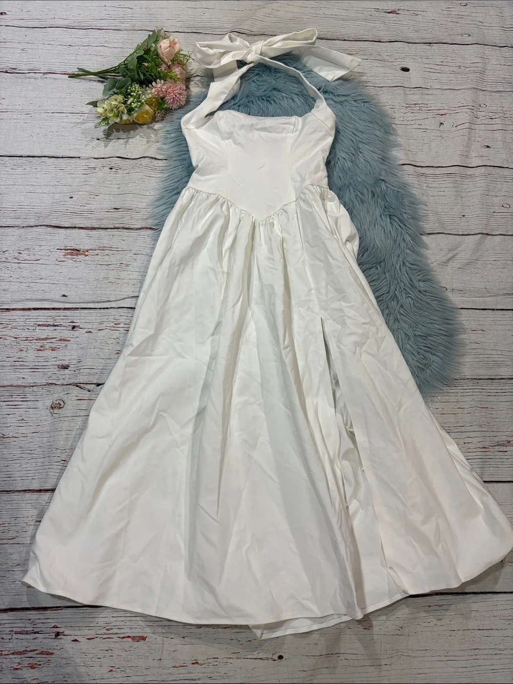 NWT Showpo. HELDA MIDI DRESS Halter Tie Neck Corset Panel In Off White